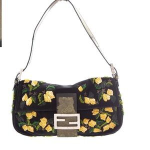 Fendi baguette green lizard leather beaded lemon garden bag handbag